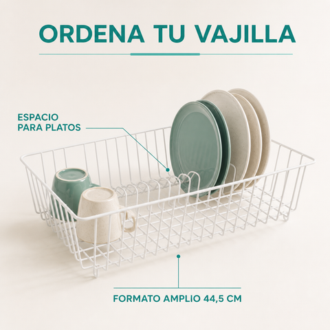 Escurridor amplio de vajilla blanco con espacio para platos