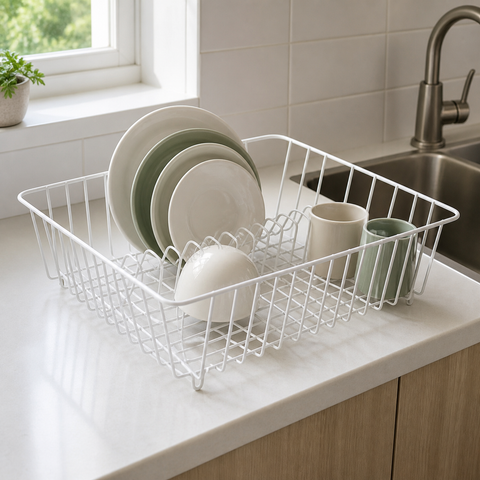 Escurridor blanco con platos y tazas junto al lavaplatos