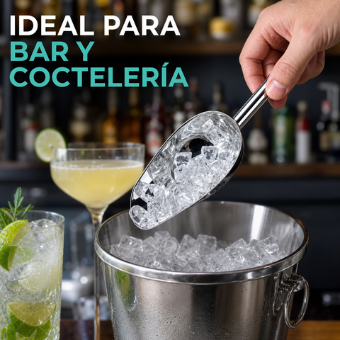 Poruña de acero inoxidable sirviendo hielo para bar y coctelería