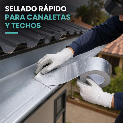 Aplicación de cinta butílica impermeable plateada en canaleta y techo
