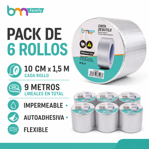 Medidas del pack de 6 cintas butílicas: 10 cm x 1,5 m cada rollo