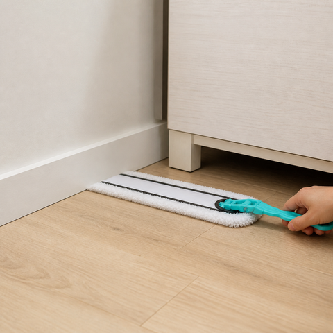 Plumero plano limpiando debajo y al costado de un mueble
