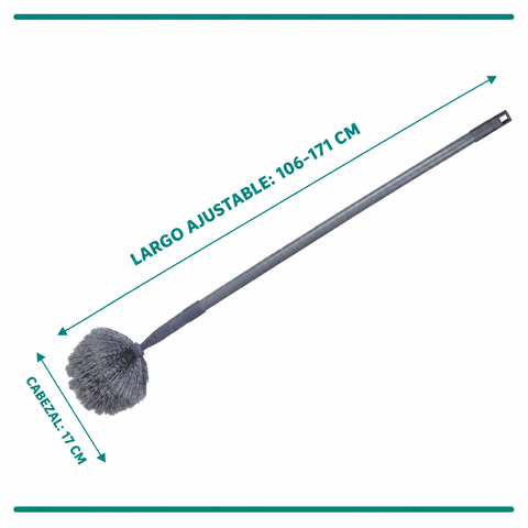 Medidas del plumero extensible: largo ajustable de 106 a 171 cm y cabezal de 17 cm