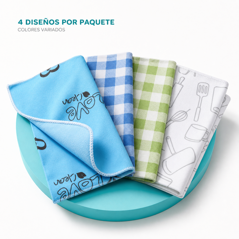 Cuatro diseños variados de paños de microfibra incluidos por paquete