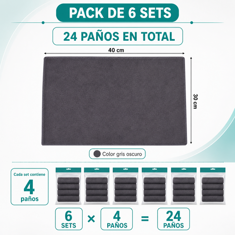 Pack de 6 sets con 4 paños cada uno y medidas de 30 por 40 cm