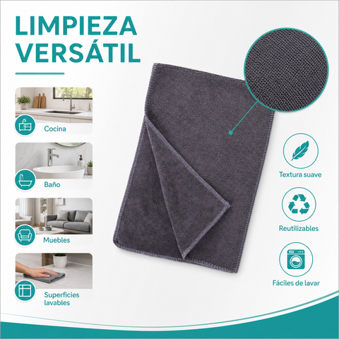Usos domésticos de los paños de microfibra grises reutilizables