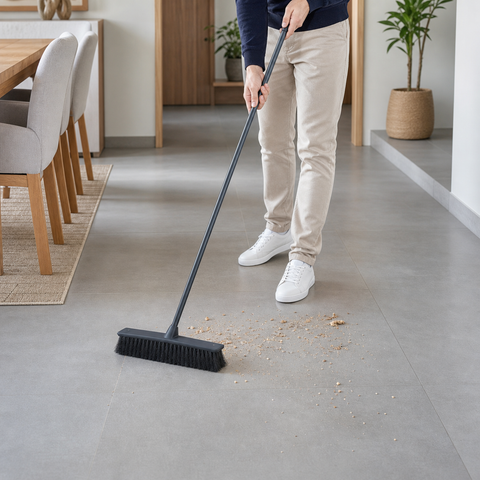 Escobillón ancho barriendo un piso amplio de cerámica