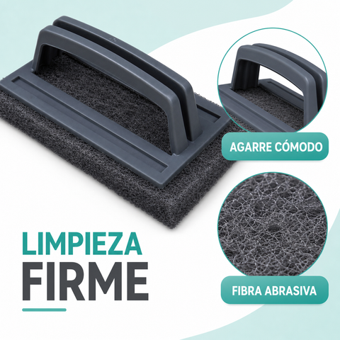 Detalle del mango ergonómico y fibra abrasiva del cepillo de limpieza