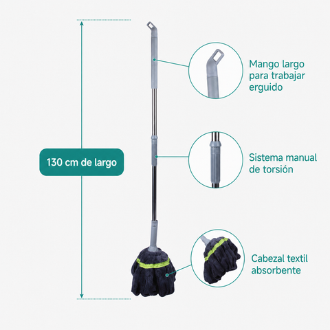 Medidas y características de mopa trapeador autoescurrible de 130 cm