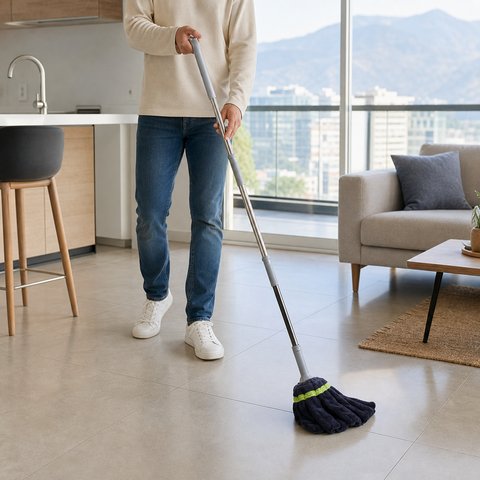 Mopa autoescurrible de 130 cm en uso sobre piso de cerámica