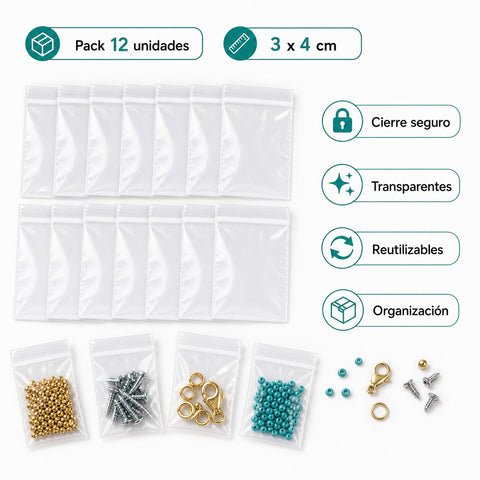 Pack 12 Bolsas Herméticas Transparentes 3x4 cm | Cierre Resellable | Organización y Empaque
