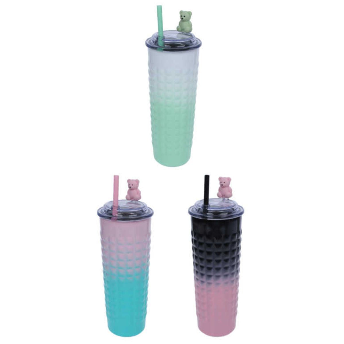 Termo Grande de Plástico 600ML con Forma de Vaso - Osito, Color Degradado y Bombilla