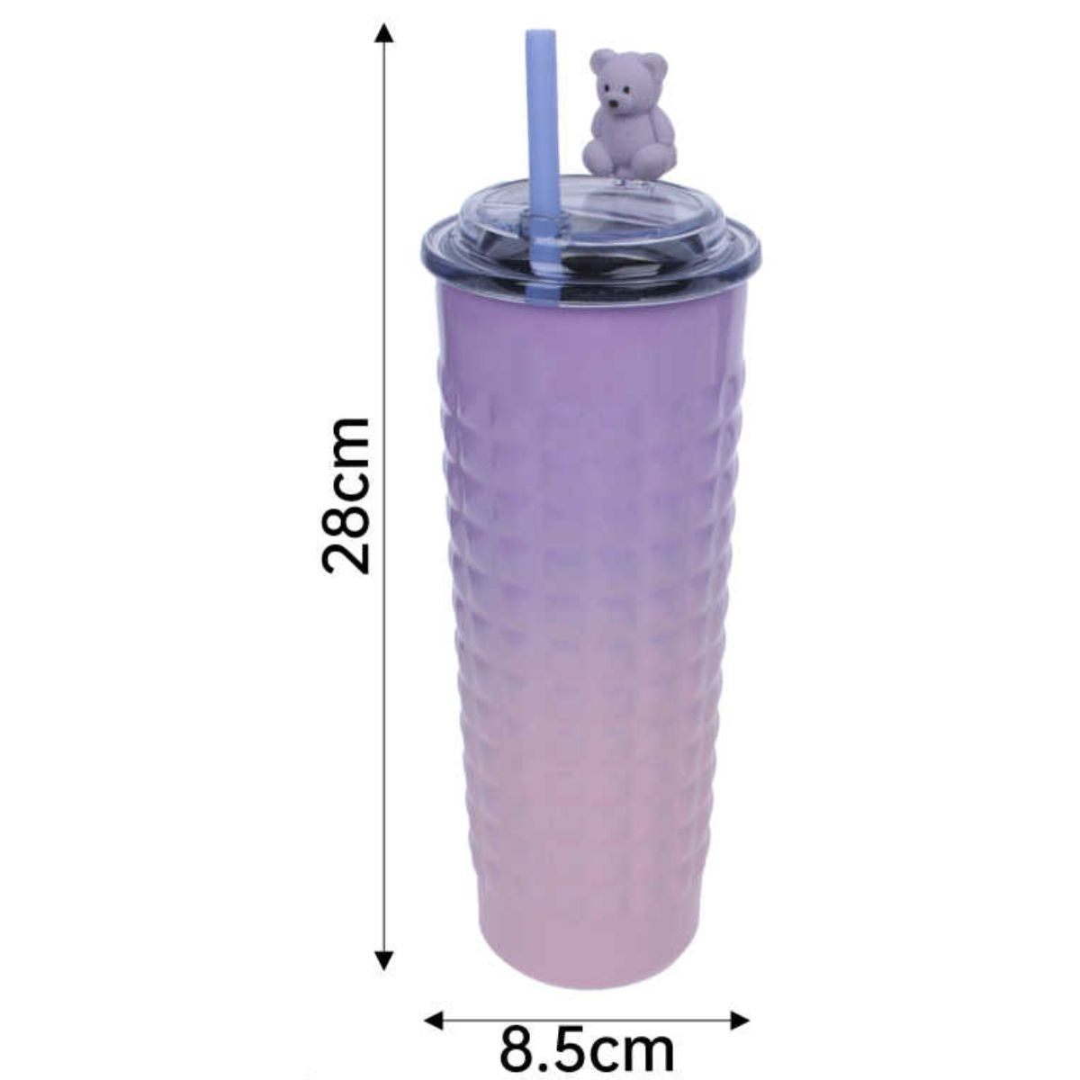 Termo Grande de Plástico 600ML con Forma de Vaso - Osito, Color Degradado y Bombilla