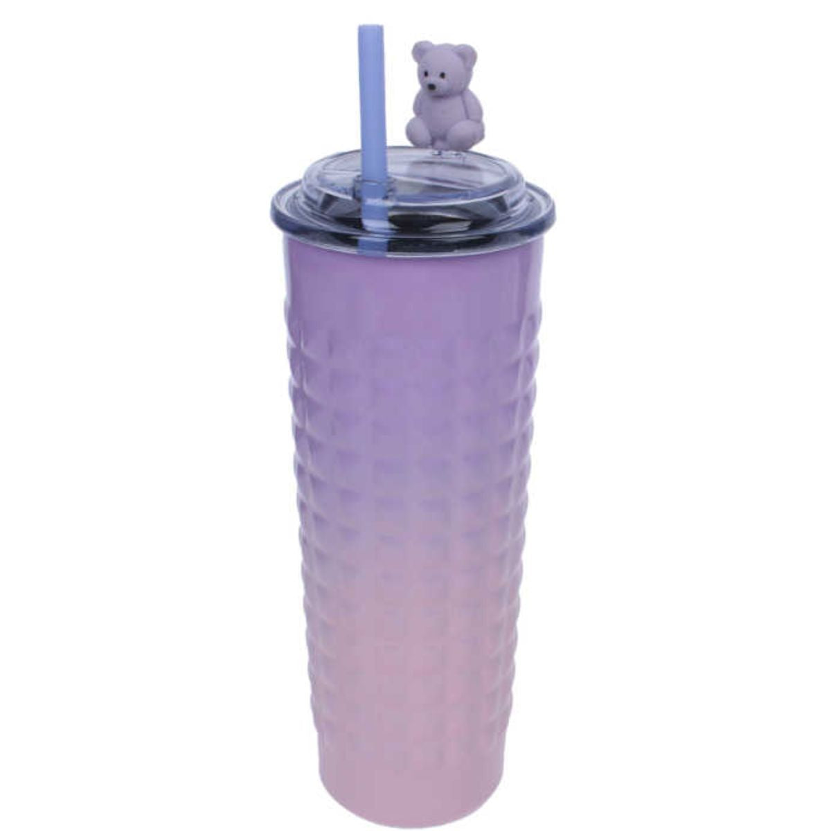 Termo Grande de Plástico 600ML con Forma de Vaso - Osito, Color Degradado y Bombilla