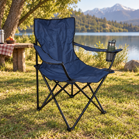 Silla plegable en uso para camping, playa y picnic