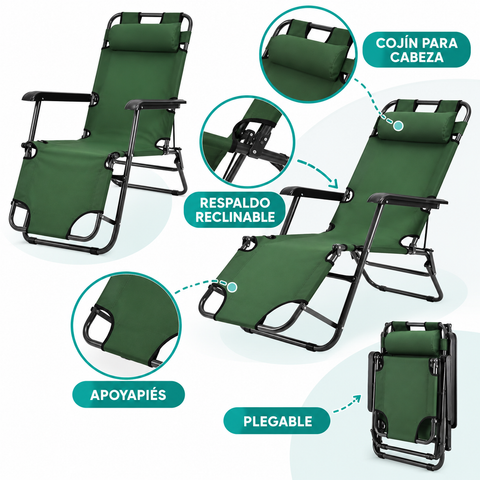 Características de silla plegable reclinable con cojín y apoyapiés