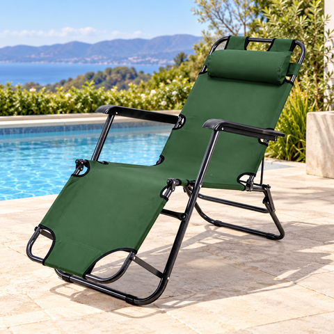 Silla reposera reclinable verde en terraza junto a piscina