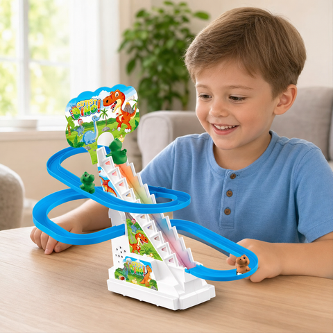 Niño jugando con pista de dinosaurios