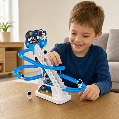 Niño jugando con pista espacial de astronautas