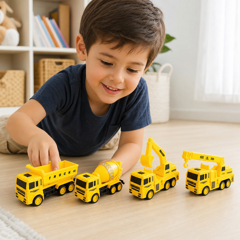 Niño jugando con camiones de construcción