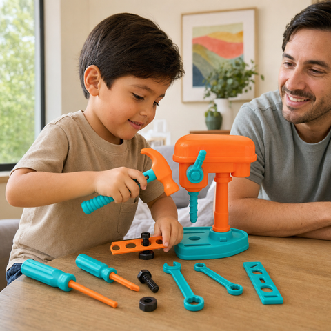 Niño jugando con set de herramientas infantil