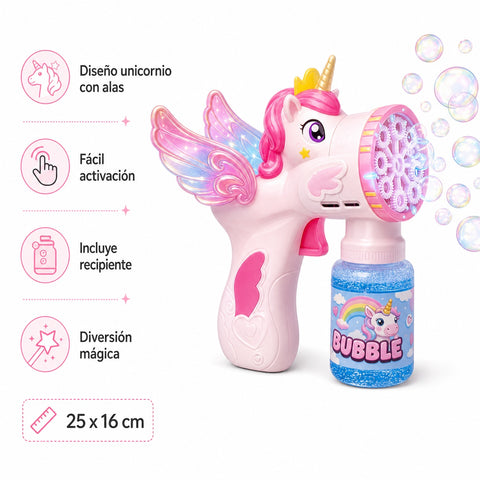 Pistola de Burbujas Unicornio Alado | Diseño Mágico con Recipiente