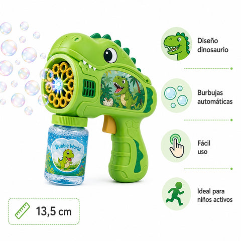 Pistola de Burbujas Dinosaurio | Burbujas Automáticas | Diversión Jurásica