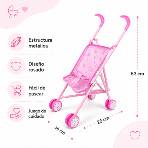 Cochecito de Muñeca Rosa | Carrito Plegable para Juego de Cuidado