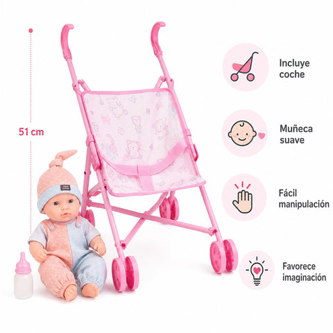 Muñeca con Coche Infantil | Set de Cuidado | Juego de Roles para Niñas y Niños