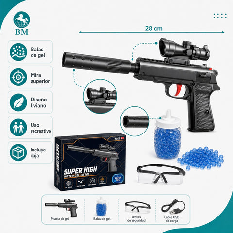 Pistola de Gel de Juguete 28 cm | Mira Superior | Uso Recreativo con Accesorios