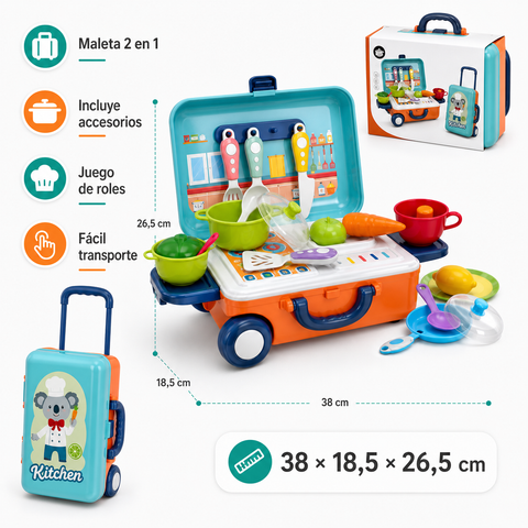 Maleta Cocina Infantil 2 en 1 | Pequeño Chef con Ruedas | Juego de Roles