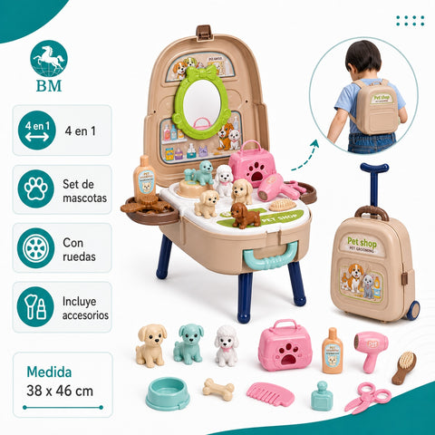 Mochila Maleta de Mascotas 4 en 1 con Ruedas | Juego Portátil Infantil