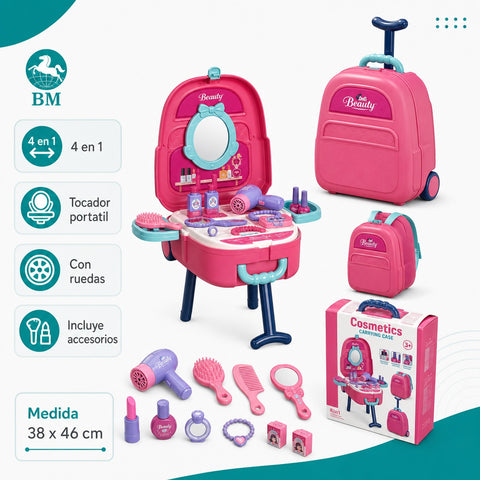 Mochila Maleta de Maquillaje Infantil 4 en 1 | Tocador Portátil con Ruedas