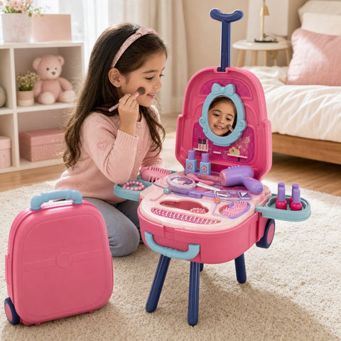 Mochila Maleta de Maquillaje Infantil 4 en 1 | Tocador Portátil con Ruedas