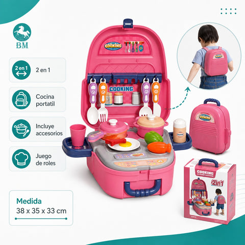 Mochila Maleta 2 en 1 de Cocina Infantil | Juego Portátil con Accesorios