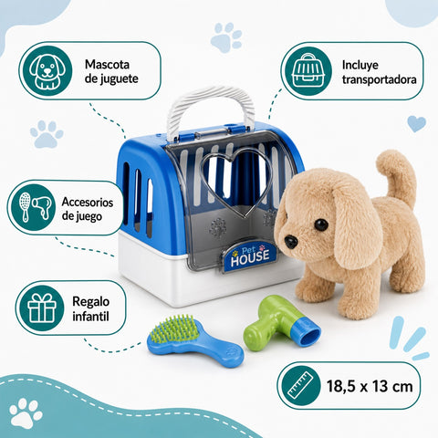 Perro de Peluche Interactivo con Transportadora | Set Mascota de Juguete con Accesorios