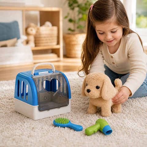 Perro de Peluche Interactivo con Transportadora | Set Mascota de Juguete con Accesorios