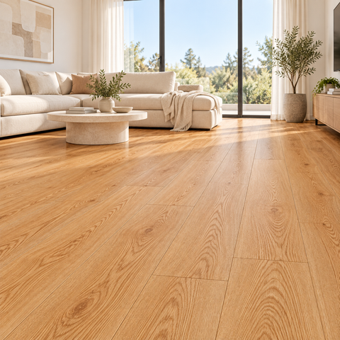 Piso vinílico roble natural en living moderno