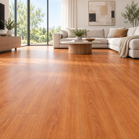 Piso vinílico cerezo cálido en living moderno