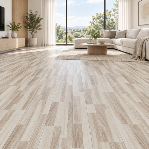 Piso vinílico roble beige listonado en living moderno