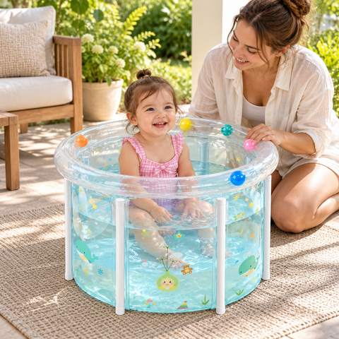 Piscina infantil plegable usada por una niña bajo supervisión adulta