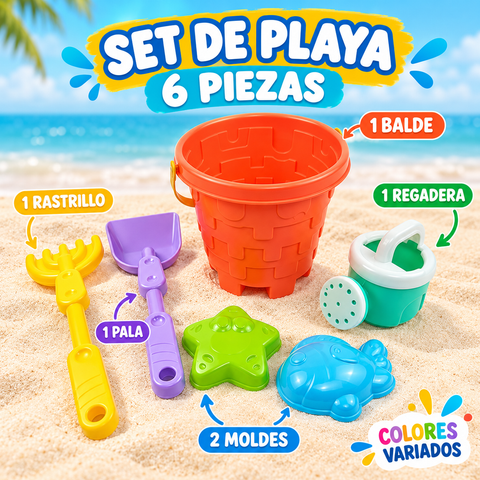 Contenido del set de playa: balde, regadera, pala, rastrillo y dos moldes