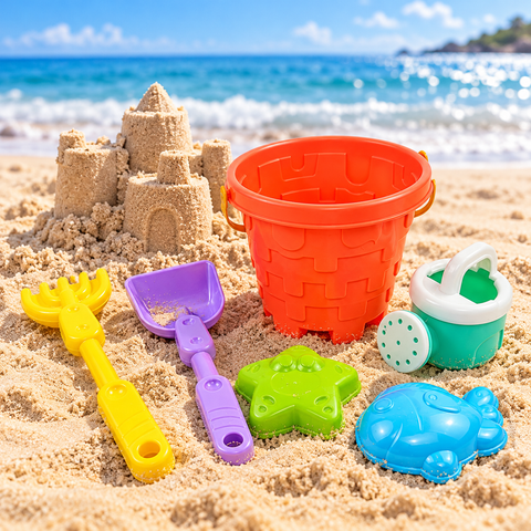 Set de juguetes infantiles usado para jugar con arena en la playa