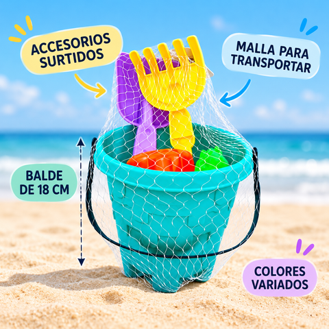 Balde de playa de 18 cm con accesorios surtidos y malla para transportar