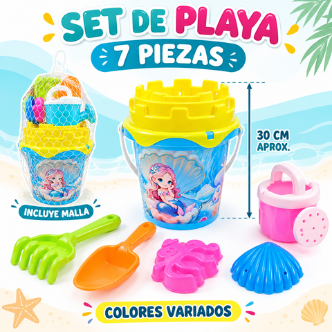 Contenido del set de playa de 7 piezas y balde de 30 cm