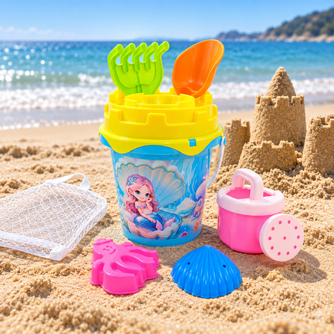 Set de playa infantil con temática de sirena sobre arena