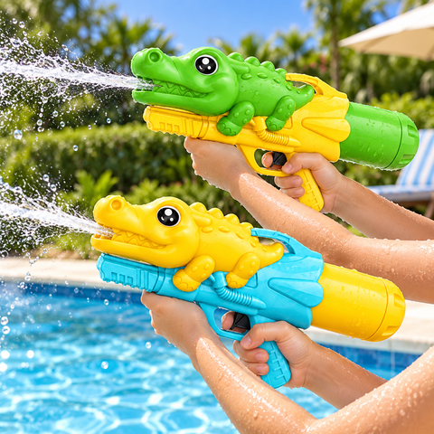Pistola de agua cocodrilo en uso durante un juego de verano en piscina
