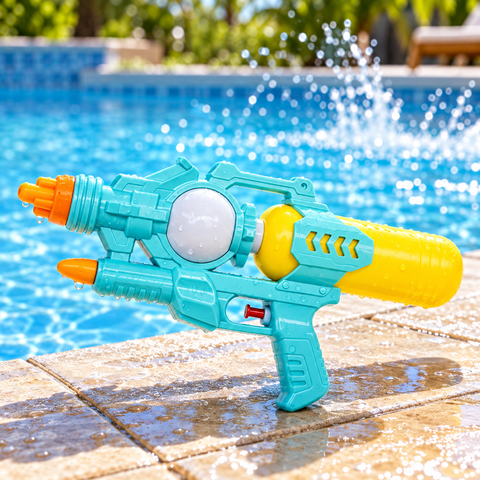 Pistola de agua infantil junto a una piscina