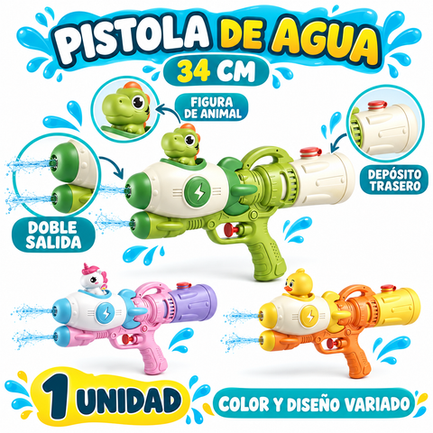 Pistola de agua de 34 cm con doble salida y diseños variados