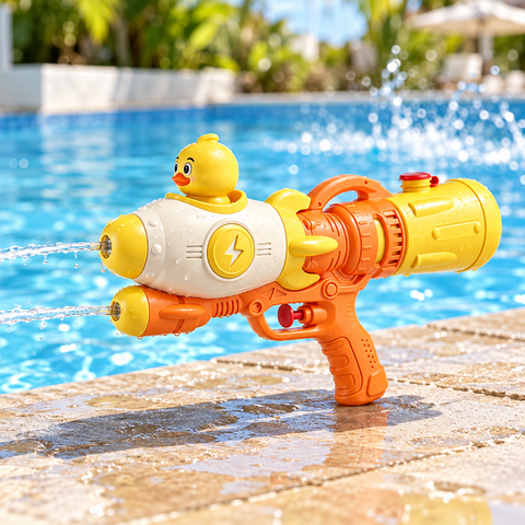 Pistola de agua con diseño de pato junto a una piscina